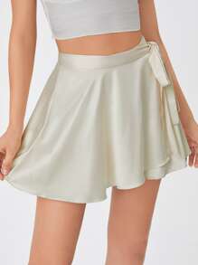 SHEIN Tall 素色腰帶緞面裹身裙 - 米色 - 查看 3