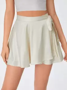 SHEIN Tall 素色腰帶緞面裹身裙 - 米色 - 查看 4