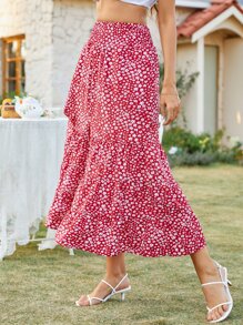 Falda floral bajo con fruncido de muslo con abertura - Rojo y blanco - Ver 1