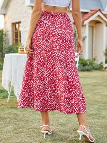 Falda floral bajo con fruncido de muslo con abertura - Rojo y blanco - Ver 2