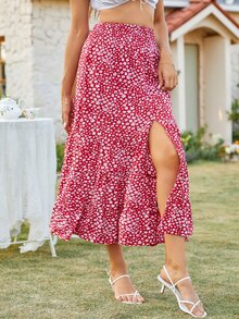 Falda floral bajo con fruncido de muslo con abertura - Rojo y blanco - Ver 6