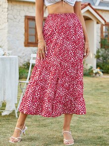 Falda floral bajo con fruncido de muslo con abertura - Rojo y blanco - Ver 7