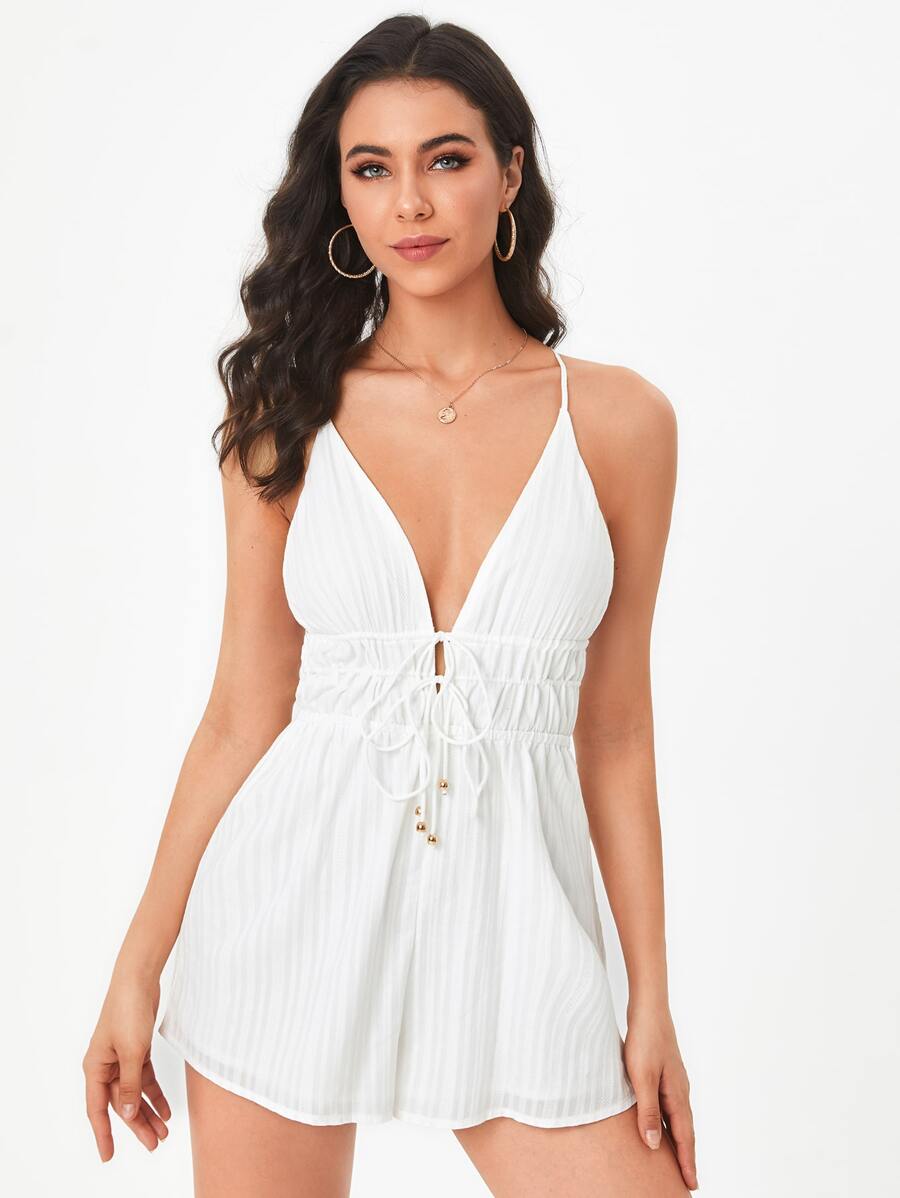 SHEIN Tall Áo liền quần nữ Lộ Lưng Thắt nơ trước màu trơn Gợi cảm - trắng - Xem 1