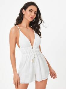 SHEIN Tall Áo liền quần nữ Lộ Lưng Thắt nơ trước màu trơn Gợi cảm - trắng - Xem 3