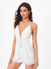 SHEIN Tall Áo liền quần nữ Lộ Lưng Thắt nơ trước màu trơn Gợi cảm - trắng - Xem 4