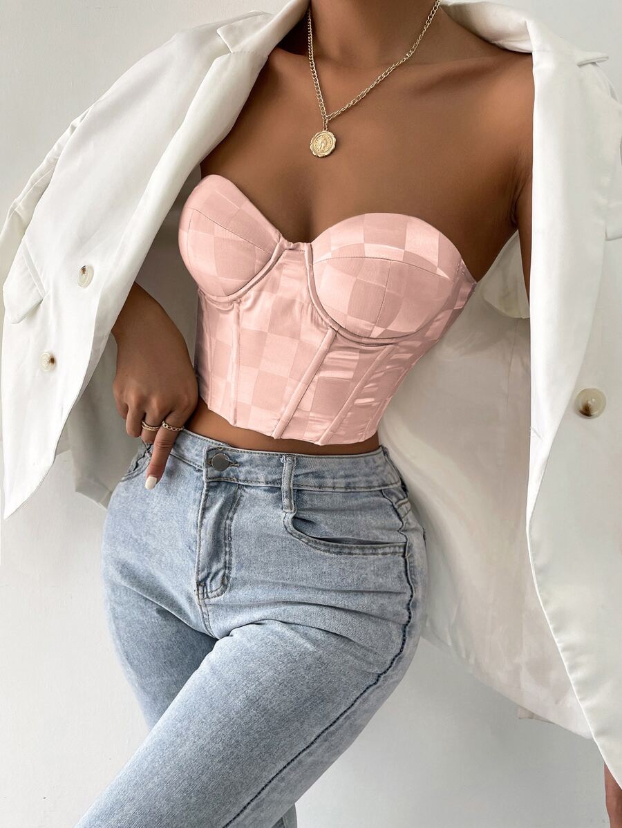 Áo nữ Lộ Lưng Ren lên Thùa khuyết Sọc ca rô Gợi cảm - Bụi hồng - Xem 1