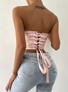 Áo nữ Lộ Lưng Ren lên Thùa khuyết Sọc ca rô Gợi cảm - Bụi hồng - Xem 2