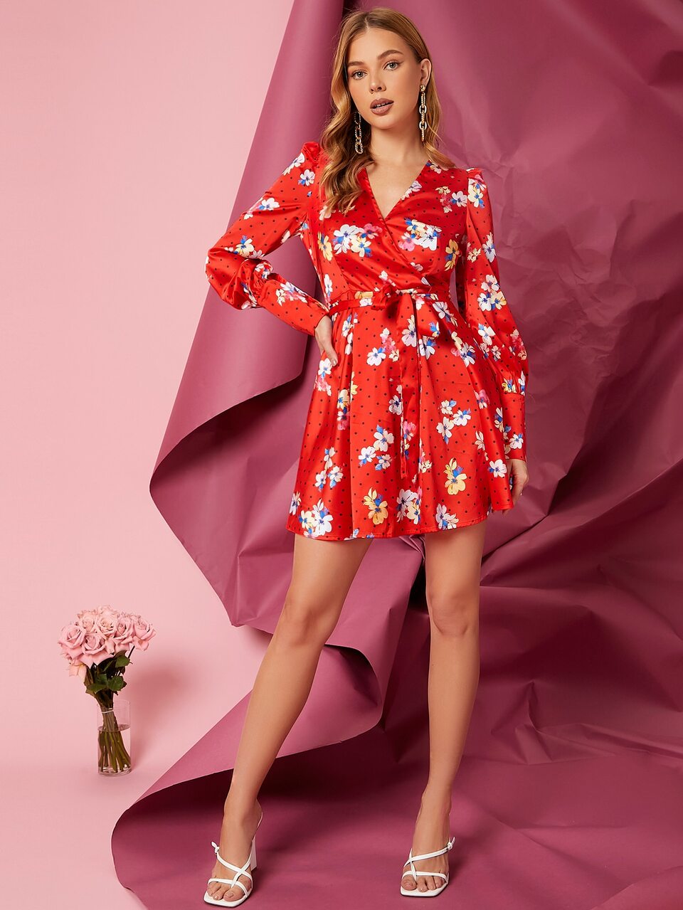 Floral & Dot Print Lantern Sleeve Belted Dress