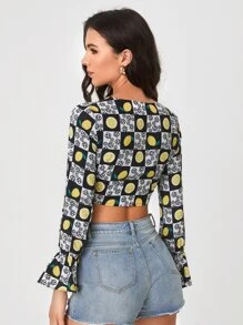 SHEIN VCAY 格紋和檸檬圖案前繫帶短款襯衫 - 彩色 - 查看 2