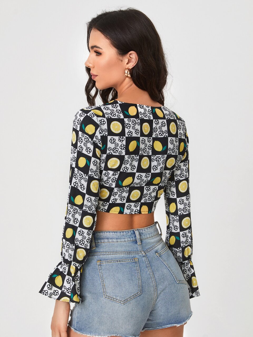 Plaid & Lemon Print Tie Front Crop Blouse