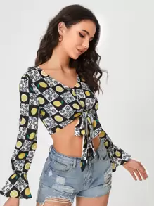 SHEIN VCAY 格紋和檸檬圖案前繫帶短款襯衫 - 彩色 - 查看 4