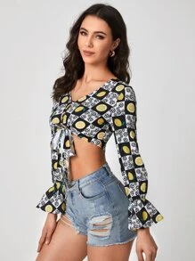 SHEIN VCAY 格紋和檸檬圖案前繫帶短款襯衫 - 彩色 - 查看 5