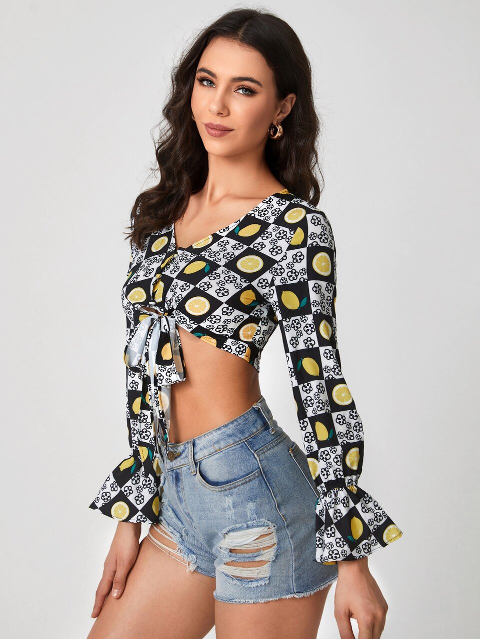 Plaid & Lemon Print Tie Front Crop Blouse