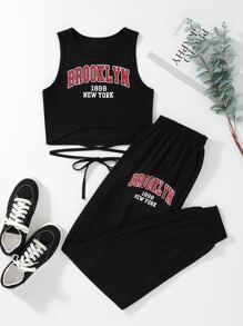 SHEIN Unity Bộ đồ hai mảnh nữ Hội Chữ thập Thắt nút Lá thư Giải trí - màu đen - Xem 1