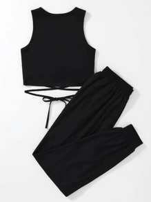 SHEIN Unity Bộ đồ hai mảnh nữ Hội Chữ thập Thắt nút Lá thư Giải trí - màu đen - Xem 2