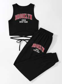 SHEIN Unity Bộ đồ hai mảnh nữ Hội Chữ thập Thắt nút Lá thư Giải trí - màu đen - Xem 4