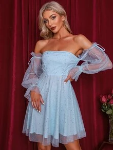 Double Crazy Off Shoulder Flounce Sleeve Mesh Dress - Baby Blue - View 6