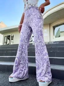 SHEIN Unity Heart Print Flare Leg Trousers - Lilac Purple - View 1