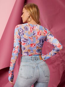 SHEIN Privé Floral Print Contrast Piping Mesh Crop Top - Multicolor - View 2