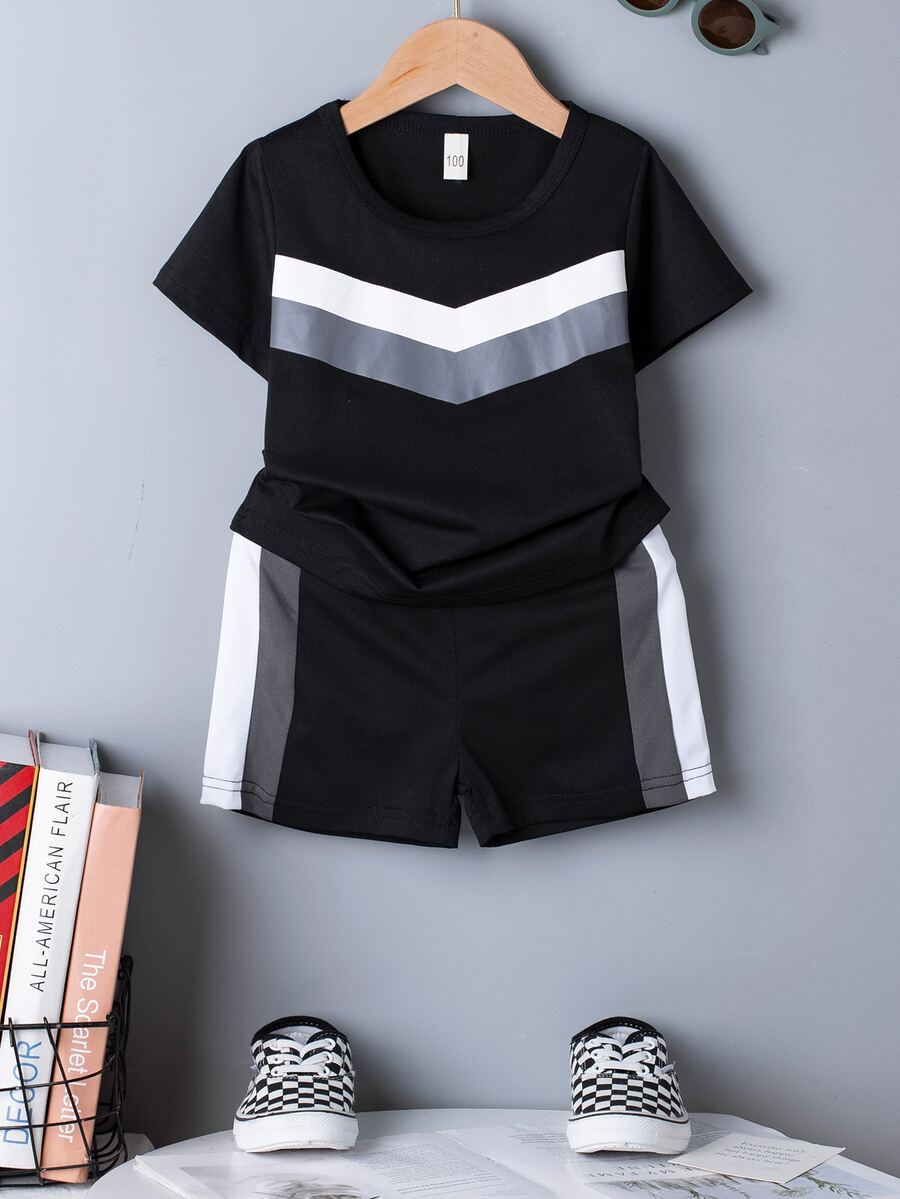 Toddler Boys Block Chevron Print Tee & Shorts - Black - View 1
