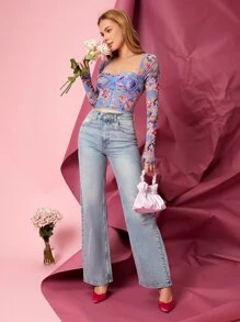 SHEIN Privé Floral Print Contrast Piping Mesh Crop Top - Multicolor - View 3
