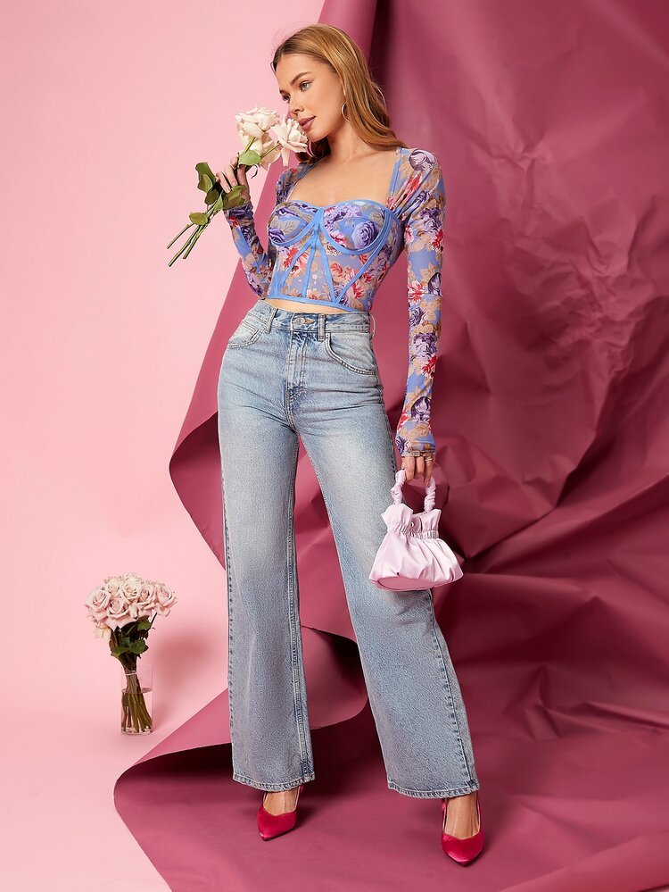 SHEIN Privé Floral Print Contrast Piping Mesh Crop Top - Multicolor - View 3