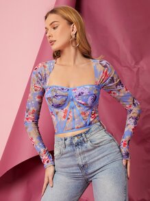 SHEIN Privé Floral Print Contrast Piping Mesh Crop Top - Multicolor - View 4