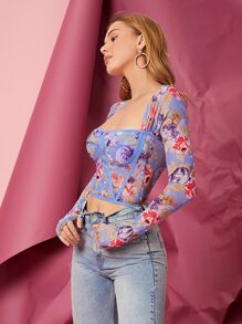 SHEIN Privé Floral Print Contrast Piping Mesh Crop Top - Multicolor - View 5