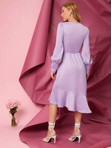 Solid Ruffle Trim Belted Wrap Dress - Lilac Purple - View 3