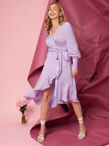 Solid Ruffle Trim Belted Wrap Dress - Lilac Purple - View 4