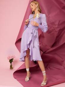 Solid Ruffle Trim Belted Wrap Dress - Lilac Purple - View 5