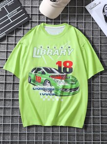 Manfinity 男士字母和車圖案T恤 - 青檸色 - 查看 1