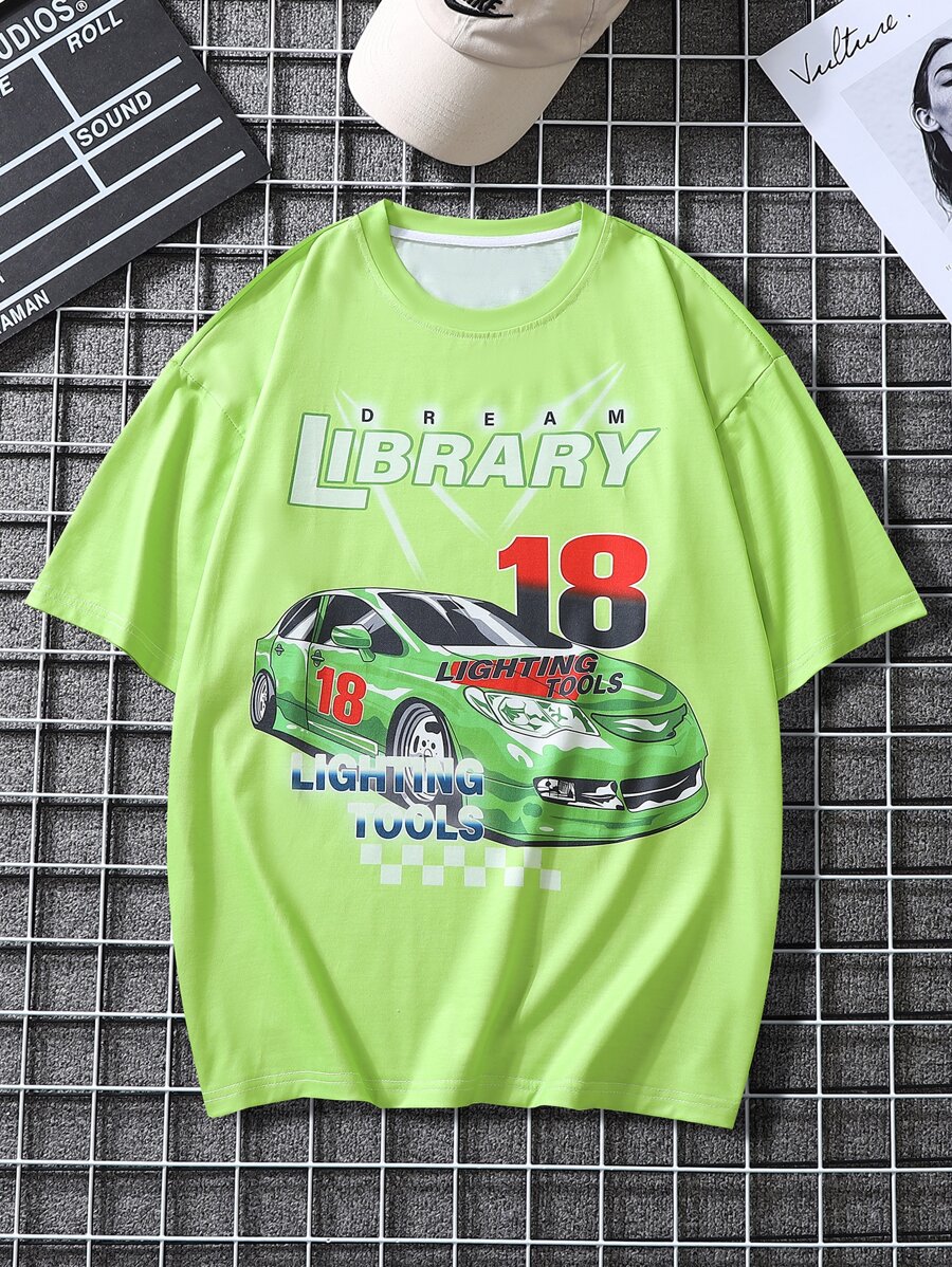 Manfinity 男士字母和車圖案T恤 - 青檸色 - 查看 1