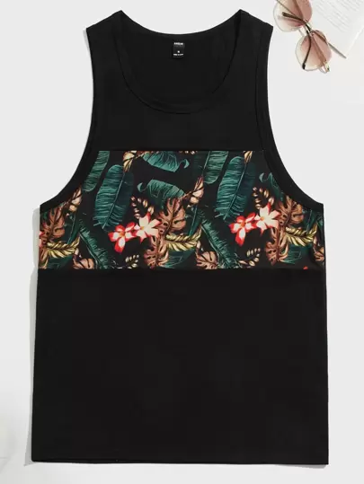 Manfinity BRENVOR Men Tropical Print Scoop Neck Fashion Colorful Sleeveless Tank Top, For Vacation, Boyfriend Gift