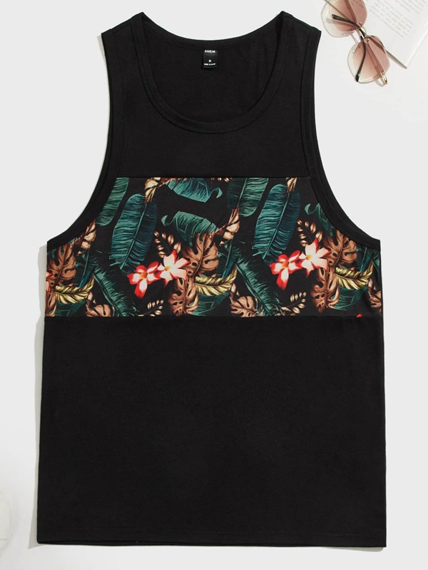 Manfinity VCAY Men Tropical Print Scoop Neck Fashion Colorful Sleeveless Tank Top, For Vacation, Boyfriend Gift