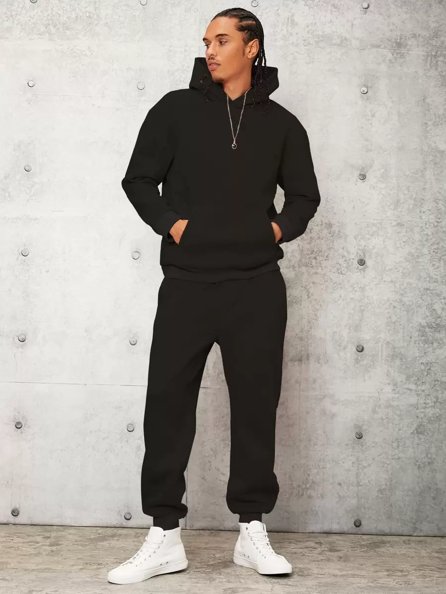 Manfinity Hypemode Men Drop Shoulder Kangaroo Pocket Hoodie & Sweatpants - Black - View 1