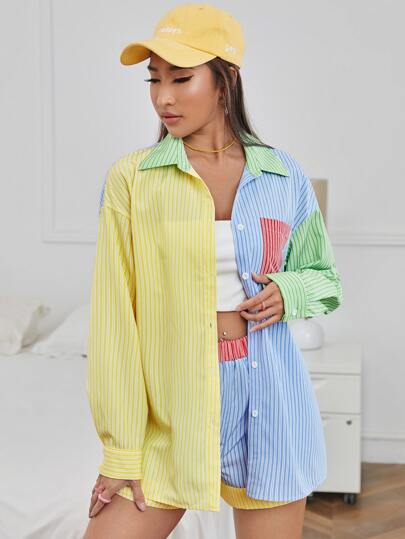 Drop Shoulder Striped Colorblock Blouse & Shorts Set