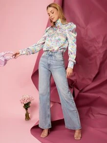 SHEIN Privé Floral High Neck Blouse - Multicolor - View 3