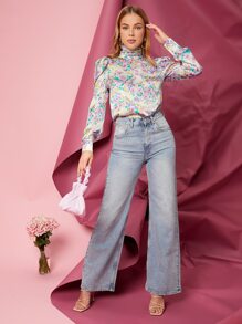 SHEIN Privé Floral High Neck Blouse - Multicolor - View 4
