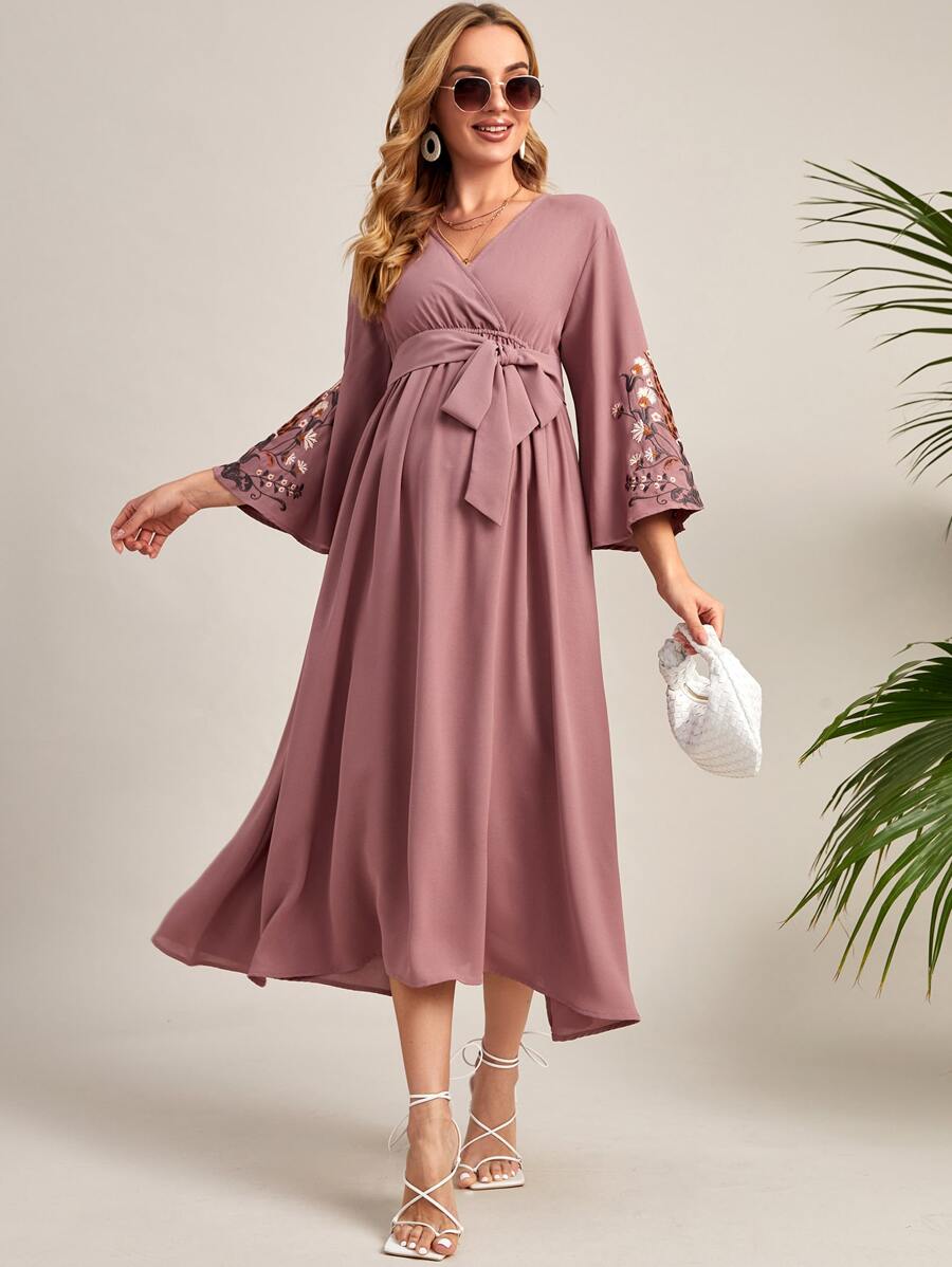 SHEIN Maternity Floral Embroidered Surplice Neck Belted Dress - Dusty Pink - View 1