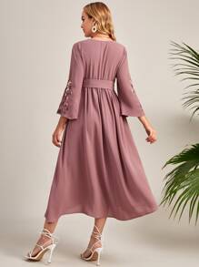 SHEIN Maternity Floral Embroidered Surplice Neck Belted Dress - Dusty Pink - View 2