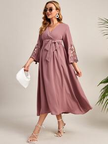 SHEIN Maternity Floral Embroidered Surplice Neck Belted Dress - Dusty Pink - View 3