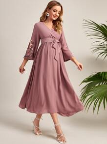 SHEIN Maternity Floral Embroidered Surplice Neck Belted Dress - Dusty Pink - View 4