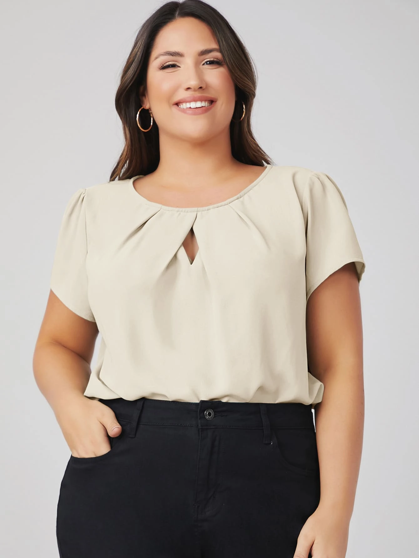 SHEIN Clasi Áo sơ mi Plus Size Nút Cắt ra màu trơn Giải trí - Màu be - Xem 1