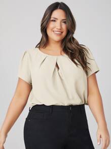 SHEIN Clasi Áo sơ mi Plus Size Nút Cắt ra màu trơn Giải trí - Màu be - Xem 3