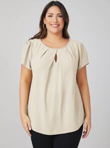 SHEIN Clasi Áo sơ mi Plus Size Nút Cắt ra màu trơn Giải trí - Màu be - Xem 4