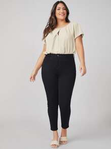 SHEIN Clasi Áo sơ mi Plus Size Nút Cắt ra màu trơn Giải trí - Màu be - Xem 5