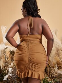 Slaydiva Plus Ruffle Trim Ruched Tie Backless Halter Bodycon Dress - Camel - View 2
