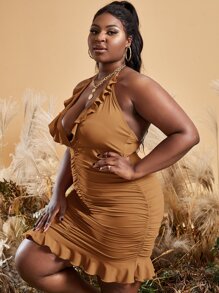 Slaydiva Plus Ruffle Trim Ruched Tie Backless Halter Bodycon Dress - Camel - View 3