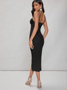 Ruched Bust Split Thigh Dress - Black - View 2